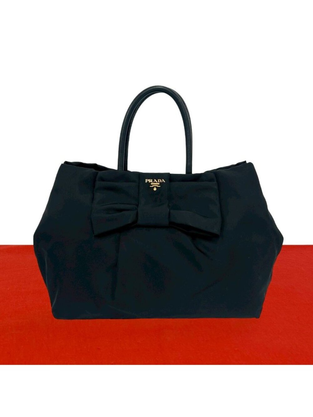 Prada Logo Ribbon Motif Nylon Leather Handbag Mini Tote Black